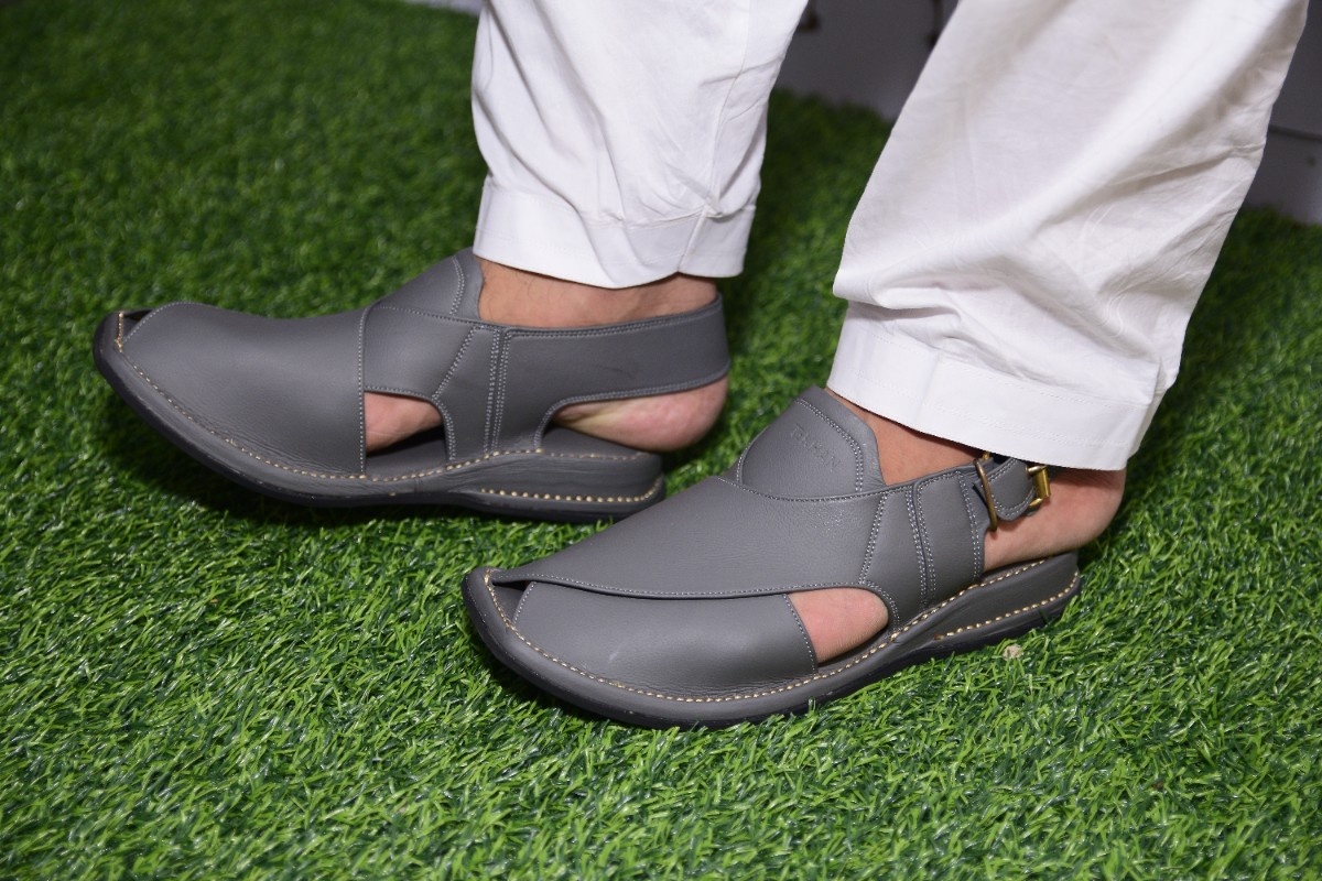 Original Charcoal Grey Leather Soft Sole Medicated Peshawari Chappal - Zardari Design 